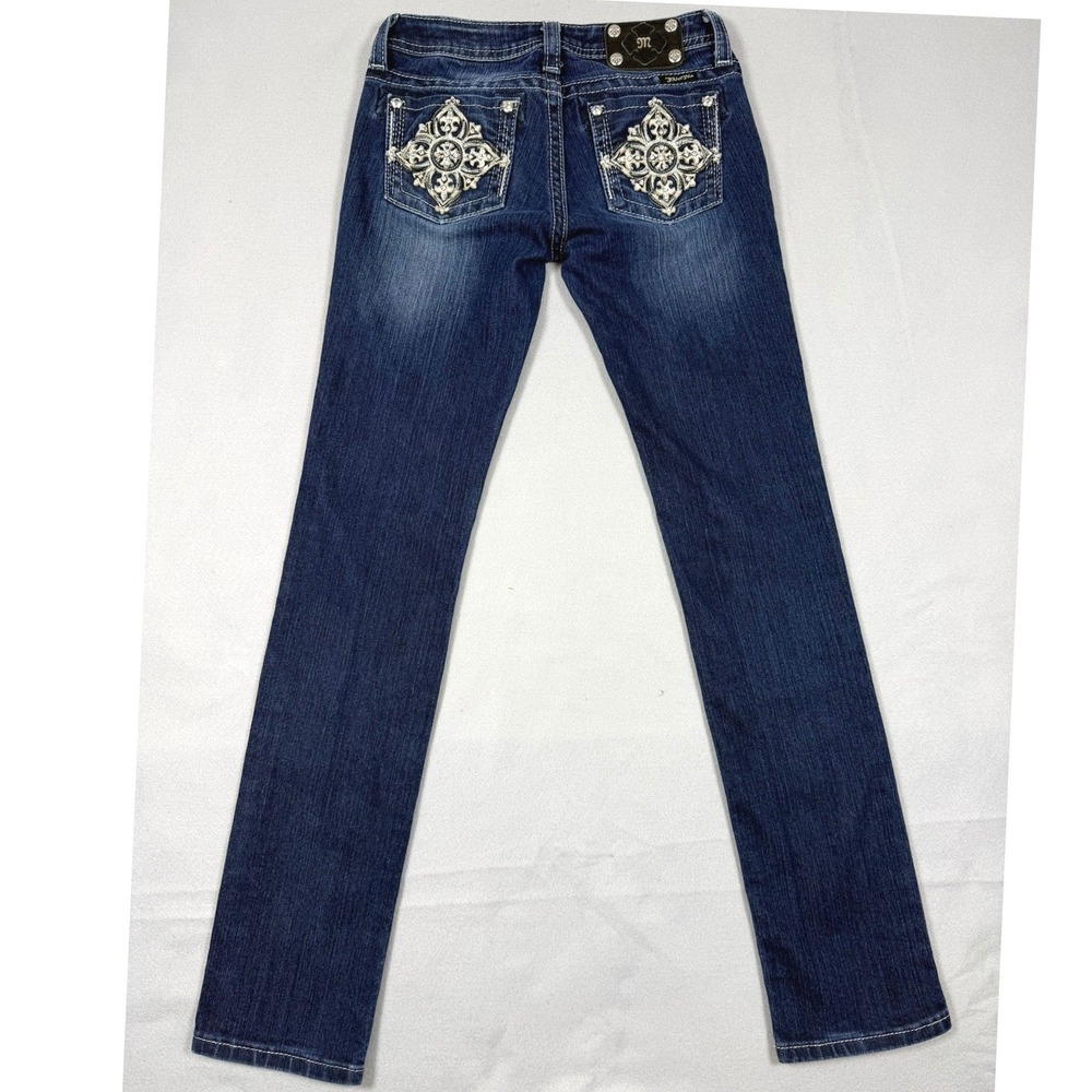 Miss‎ Me Juniors Skinny Jeans Dark Wash Rhinestone Fleur-De-Lis JK6228S Size 14